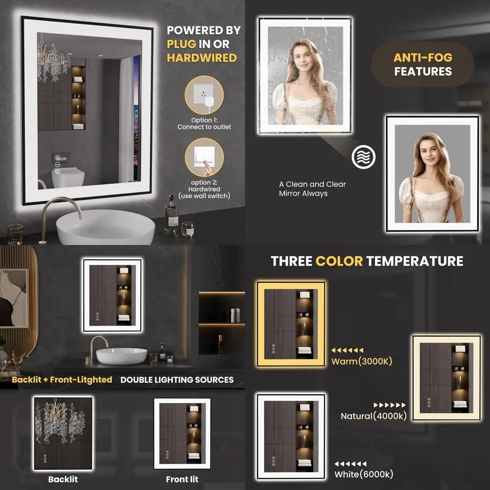 24x30 Inch Black Framed LED Bathroom Mirror with Anti-Fog, Dimmable Lighting, Tempered Glass and Memory Function