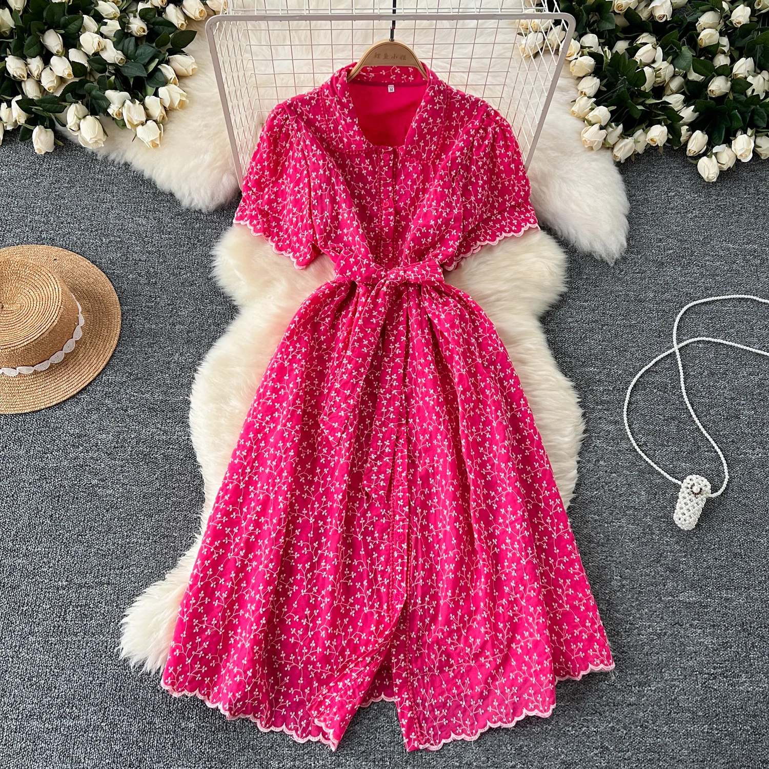 Sexy Chic polo-Neck puff sleeve Single Breasted Dress Elegant Korean Fashion Slim Summer Embroidery dresses