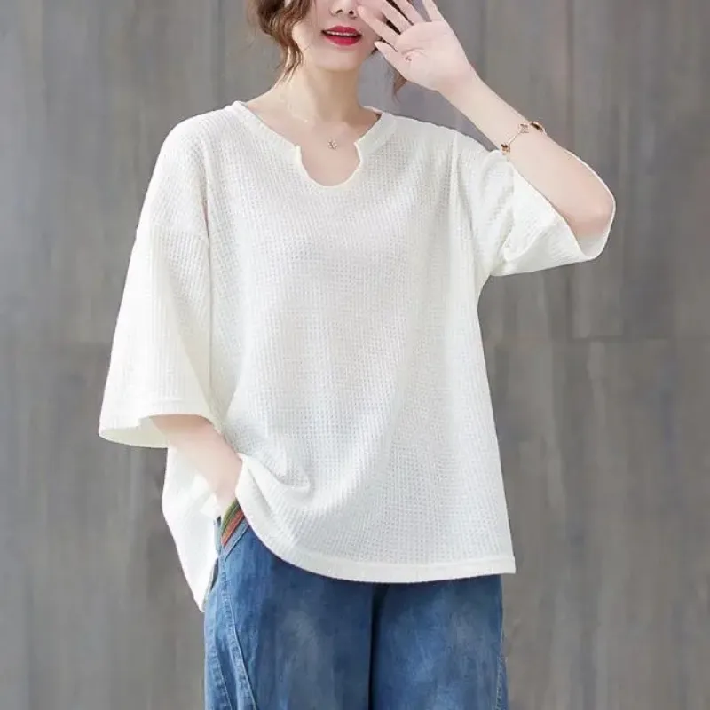 Women's Vintage Notch Neck Wfle Knit Short Sleeve T-shirt Casual Loose Cotton Top