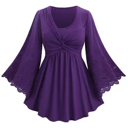 Plus Size Purple T-shirt for Women Twist Panel Hollow Out Embroidery Floral Flare Sleeve Top Spring Autumn Casual Blouse