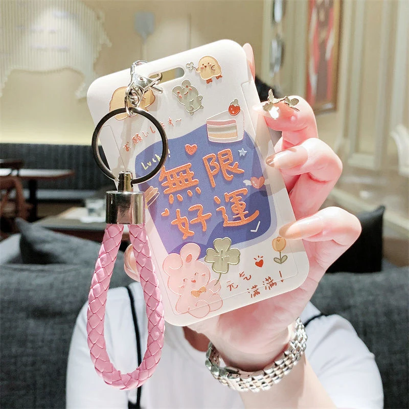 

Cartoon Stitching Card Holder Hanging Rope Keychain Subway Card With ID Card Holder Girl Key Accessories