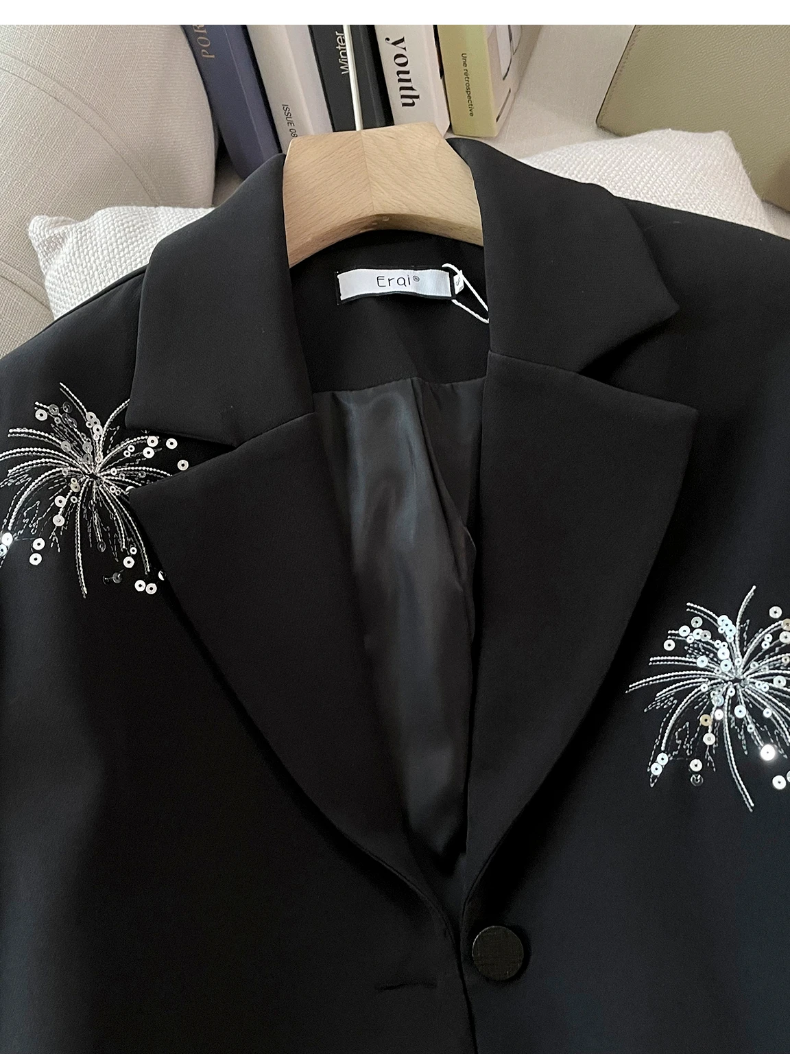 Veste de costume fluide pour femme avec broderie lourde et sequins, aspect premium, pour le quotidien, coupe ample, manches longues