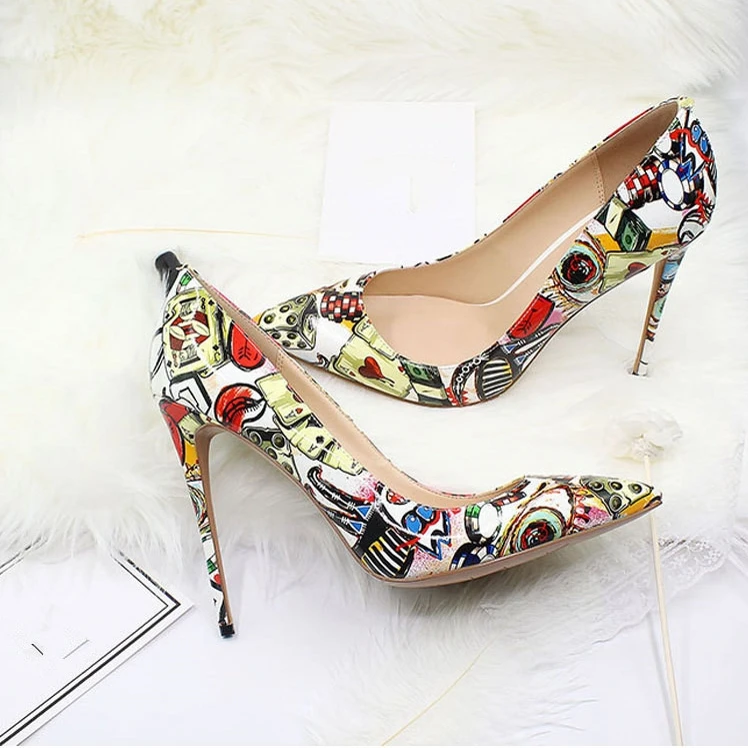 Sexy Women's Stiletto Pumps For Woman Thin High Heels Pointed Toe Spring Printing Patent Leather Style Ladies Shoes Large Size