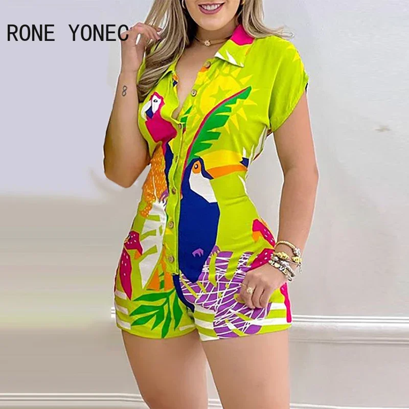 Women Casual Short Sleeves All Over Print Button Turn Down Collar Bodycon Rompers