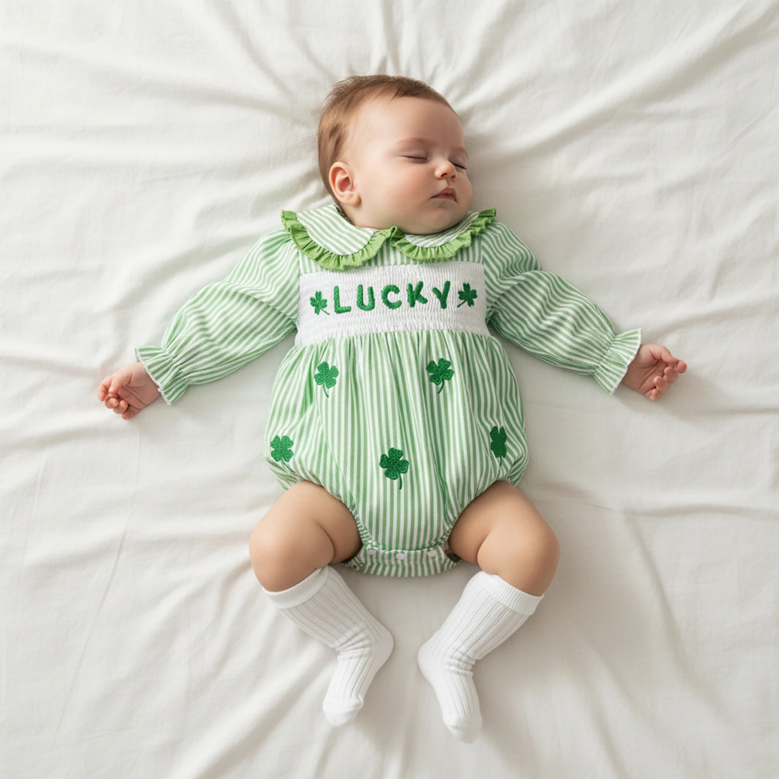 Baby Girl Spring Lucky Romper Long Sleeve Doll Collar Shamrock Embroidery Striped Bodysuits Irish Outfit