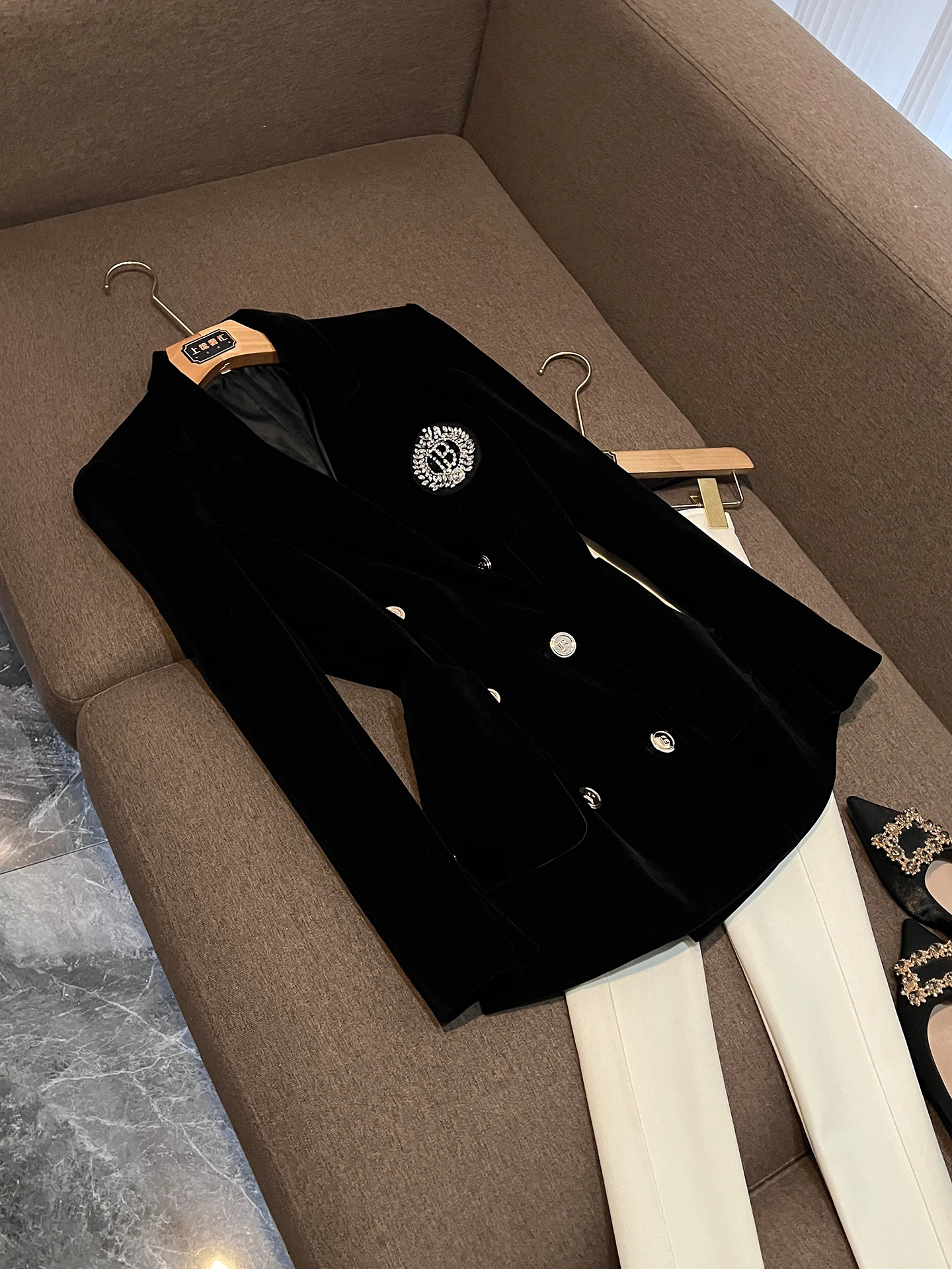 

Faionable High-End Women's Tailored Coat Long Sve Pure Color Double Button Slim Fit Regular Sve Length Suit Jaet