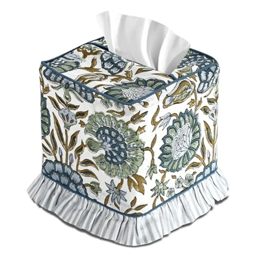 

Asparagus Green Block Print Ruffle Tissue Box Cover Handmade Cotton Decorative Square Napkin Holder for Home Bedroom Living Roo