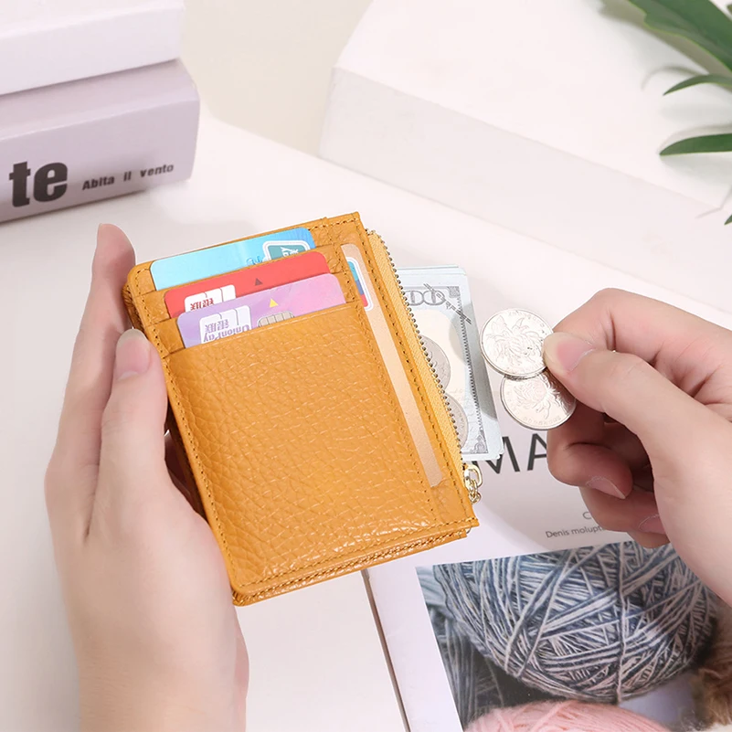 Western Cowhide Leather Multi Cards Super Thin Zipper Coin Wallet Fashion Genuine Leather Small Purse for Ladieser