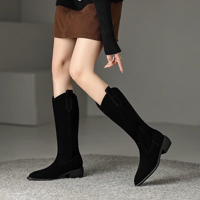 

Women's natural suede leather 4.5cm thick low heel round toe slip-on winnter knee high boots casual female high quality boots