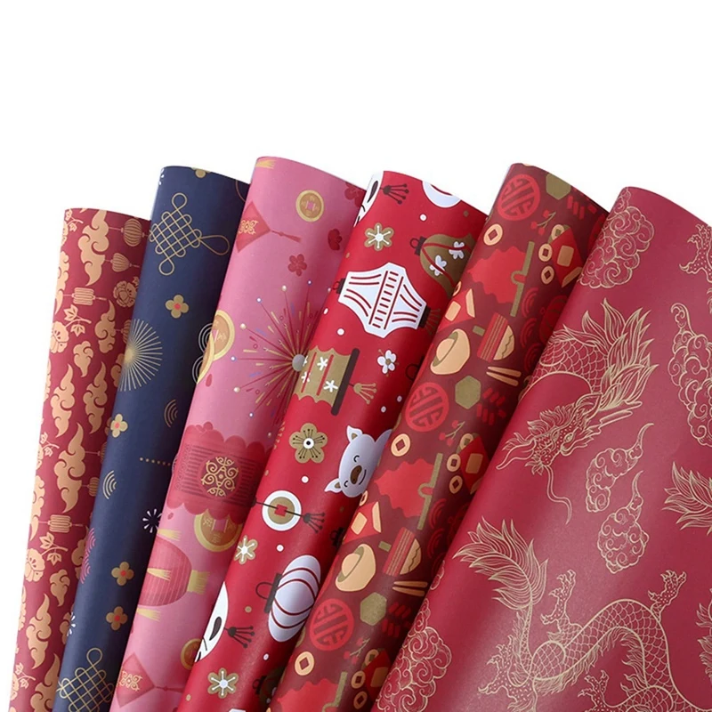 Wrapping Paper Sheets Set Of 6 With Ribbons ,Spring Festival Chinese New Year DIY Gift Red Wrapping Paper,70Cm X 50Cm