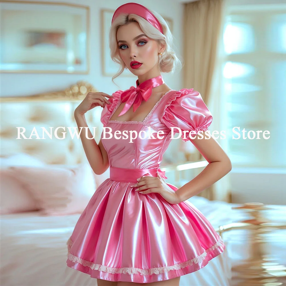 

Pink Short Evening Dresses A line Short Sleeves Pleated Mini Short Maid Cocktail Dress Graduation Prom Party Gown Customized