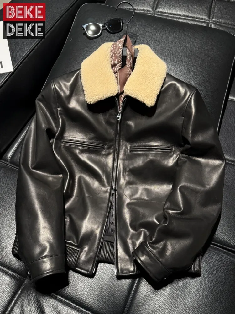 Fashion Male Winter Real Fur Motorcycle Coat Zipper Slim Fit Windproof Thick Warm Casual Punk Sheepskin Genuine Leather Jacket