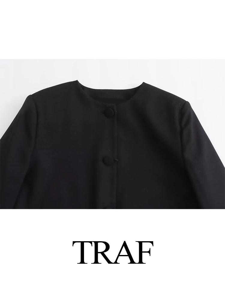 TRAF 2024 Women Vintage Blazer Pocket Tassel Single-breasted Long Sleeves Overcoat Elegant Tassel Female Fashion Chic Causal Top