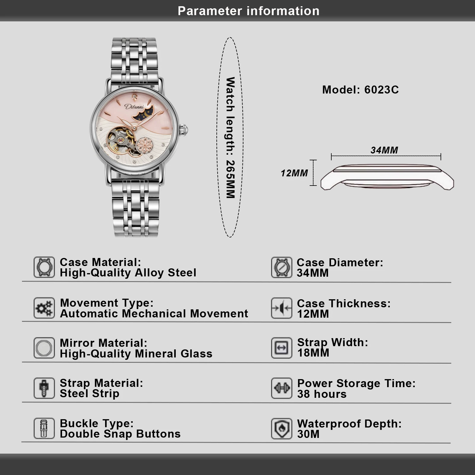 Luxury Fashion Women's Watch Mechanical Watch Skeletonized Sun, Moon and Star Movement Clock Gift