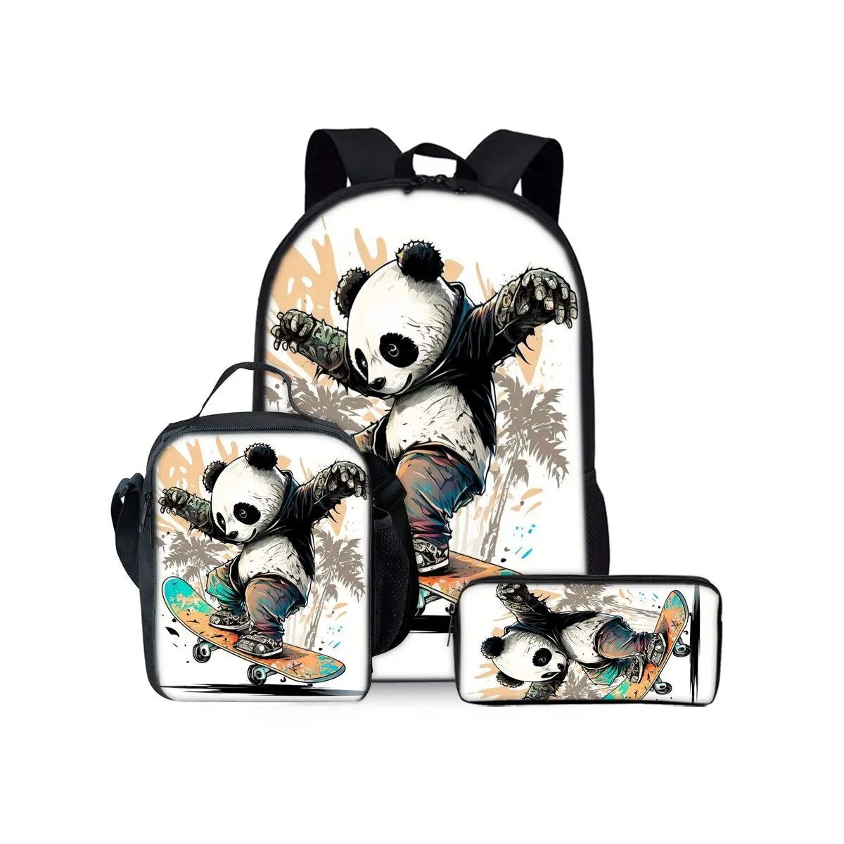 Panda Print Three Piece Backpacks Set for Boy and Girls Best Gifts 2D Flat Cartoon School Bag for Children