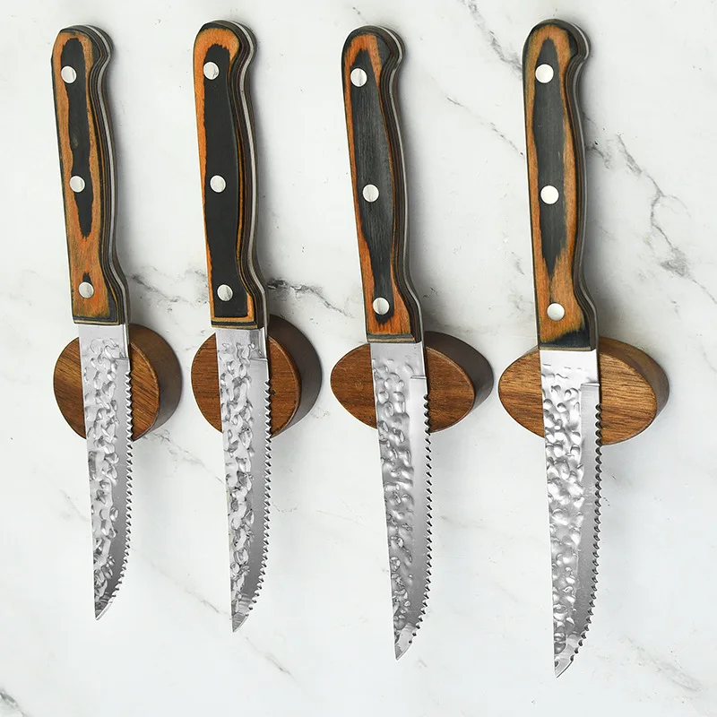 Jaswehome Steak Knife Hammered Forge Sharp Dinner Steak Knives Chef Cleaver Cutting Pakka Wood Handle Kitchen Tools Dinnerware