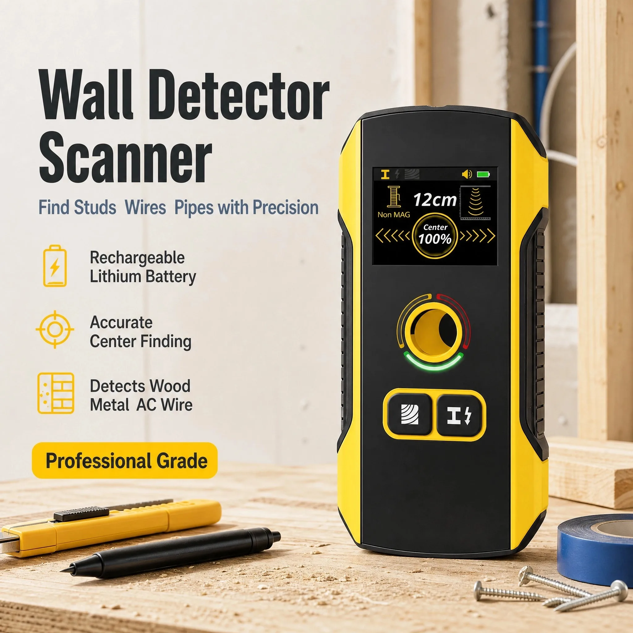FNIRSI Wall Detector Stud Finder 3-in-1, Metal Scanner Wood Stud Live AC Cable Pipe Finder with LCD Display, Rechargeable