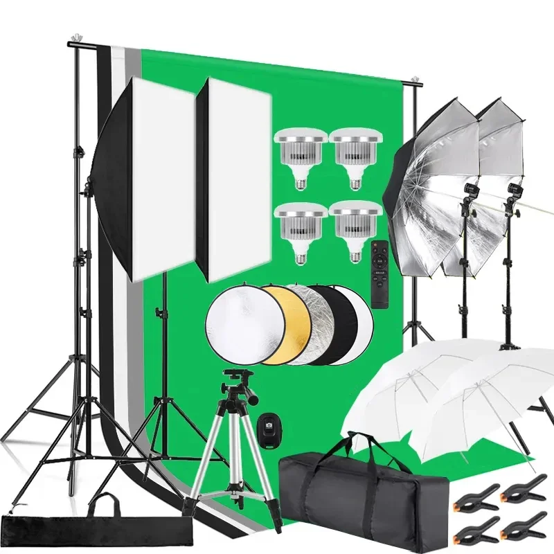 

In Stock Photo Studio Equipment 2*3M Background Stand Photography Backdrop Set Soft Box Umbrella Lighting Kit
