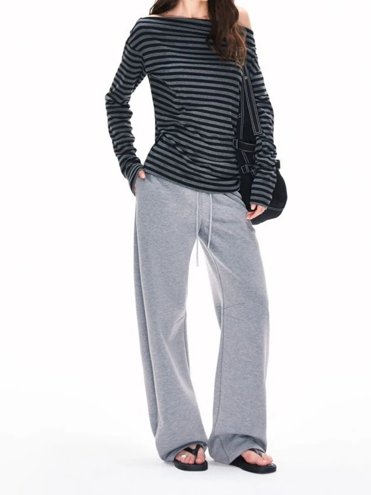 Y2k Aesthetics Stripes Slash Neck Tops Women Harajuku Casual Streetwear T-shirt Vintage Long Sleeve Simple Shirts Grunge E-girls