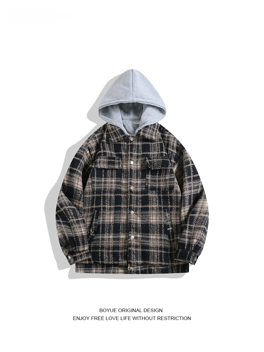 

Boyue Hong Kong Sle Plaid Hooded Woolen Jaet Teenage Versatile Retro Fake Two-Piece Casual Coat for Men Spring Autumn Winter