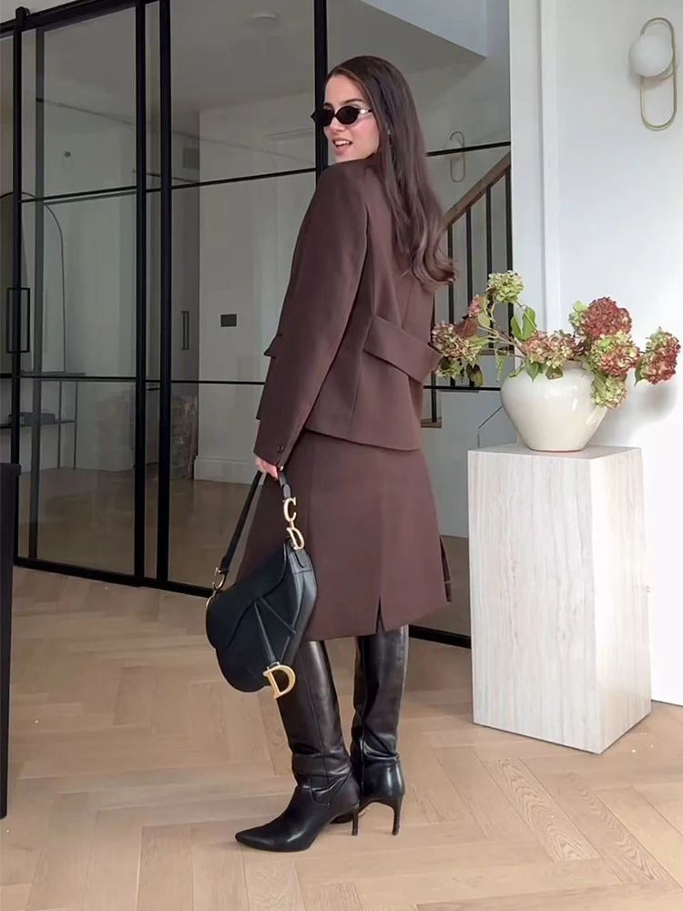 Tfmln 2026 novo conjunto de saia feminina sólido terno casaco bolsos decoração chique high street split midi saia elegante conjunto de duas peças