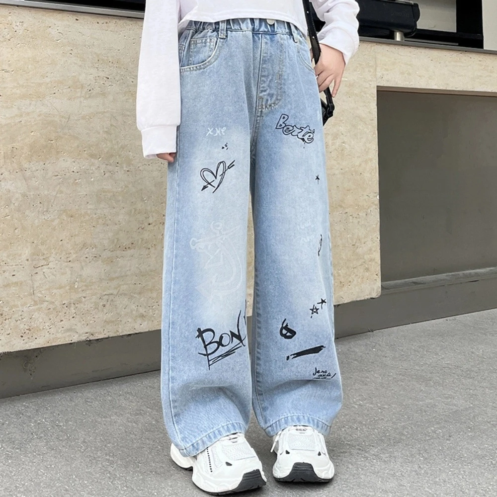 

English Letter Children Jeans Graffiti Loose Leg Blue Teen Girl Jeans High Waist Straight Girls Denim Trousers Children