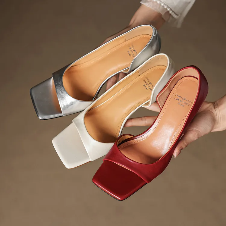 

Silver Leather Women Shallow Pumps Open Toe Slip On Wine Red Prom Shoes 6cm Thin High Heels Beige Sandals Office Work Sapatos