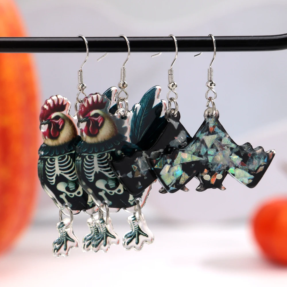 Halloween Creative Black Bat Skeleton Rooster Acrylic Print Earrings for Women Hallowmas Party Jewelry Gifts