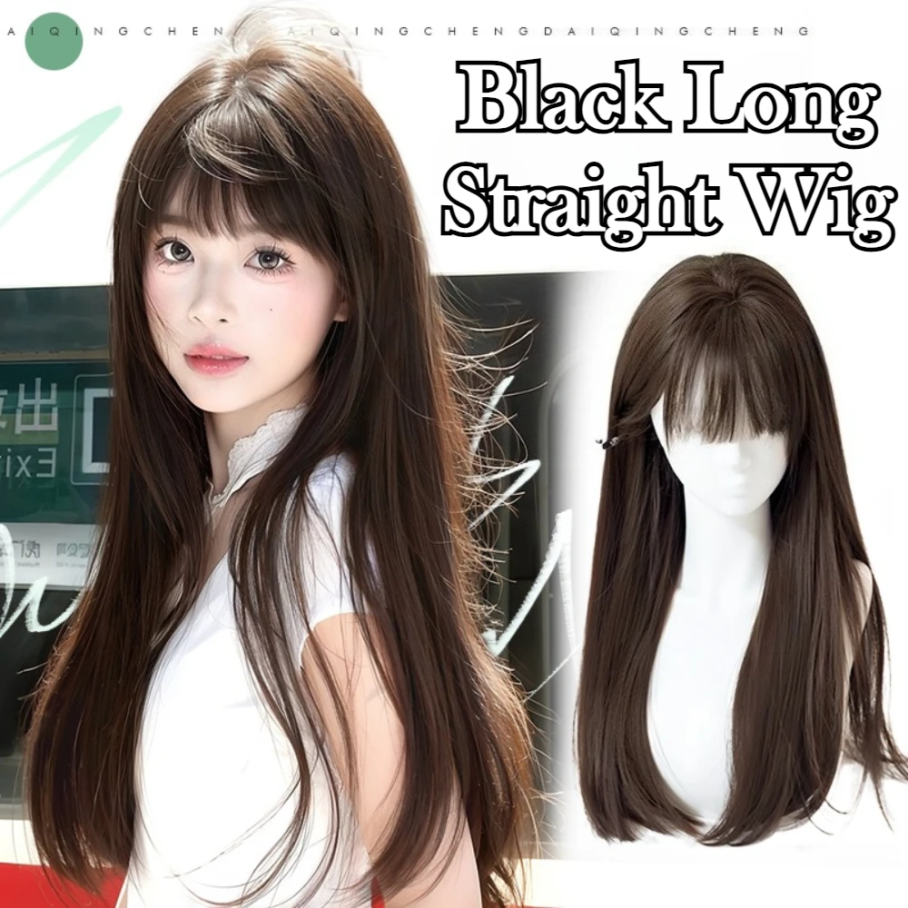 

24inch Korean Long Straight Wig with Bangs Natural Black Heat Resistant Synthetic Fiber Straight Wigs for Women Girls Daily Wear