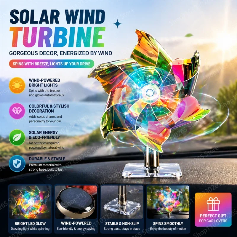 Stylish Solar Wind Turbine Car Decoration–Glowing LED Spins Smoothly with Wind Eco-Friendly Durable Perfect Gift for Car Lovers