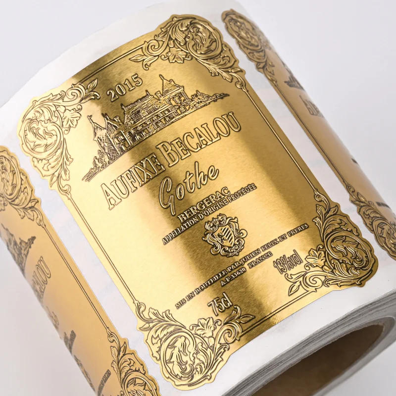 custom.Custom High-end Metal  Aluminum Material Red Wine Alcohol Perfume Packing Embossing Colorful Roll Stickers Factory