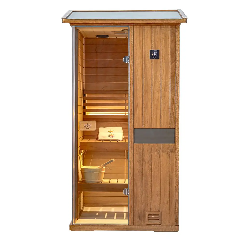 Outdoor Sauna 1 Person, African Mahogany Wood Steam Sauna Room with Negative ions＆red Light Therapy for Backyard,, Customized
