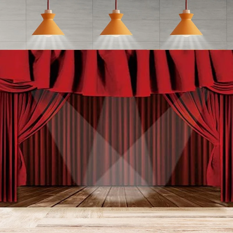 

Theater Stage Photography Backdrop Red Curtain Spotlights Wooden Floor Festival Birthday Background Party Backdrop Wall Banner