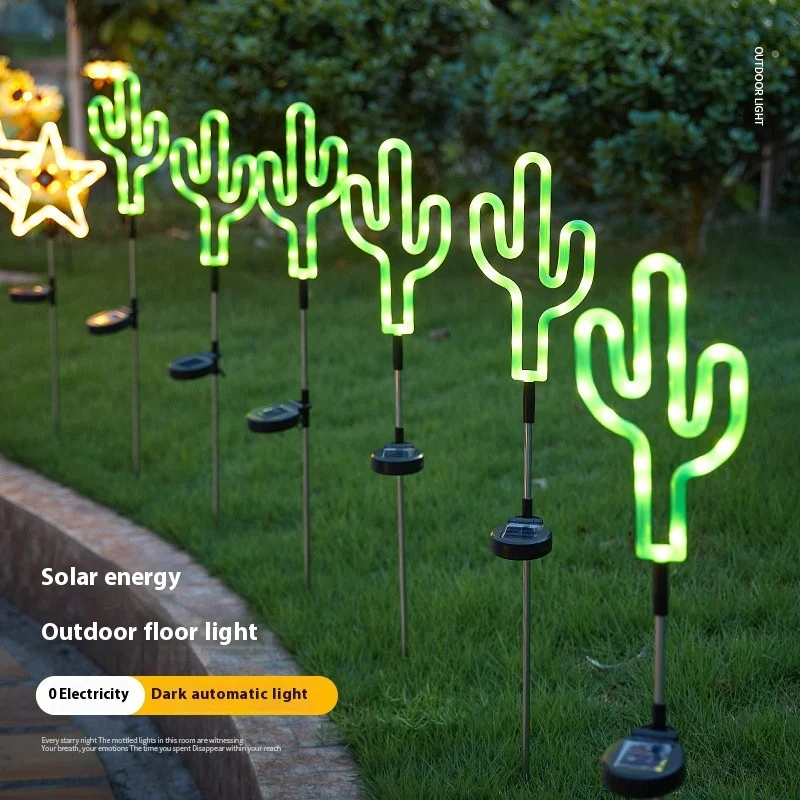 LED Solar Garden Courtyard Floor Insert Lawn Colored Lights, Waterproof Star Cactus-shaped LED Neon Floor Insert Lights