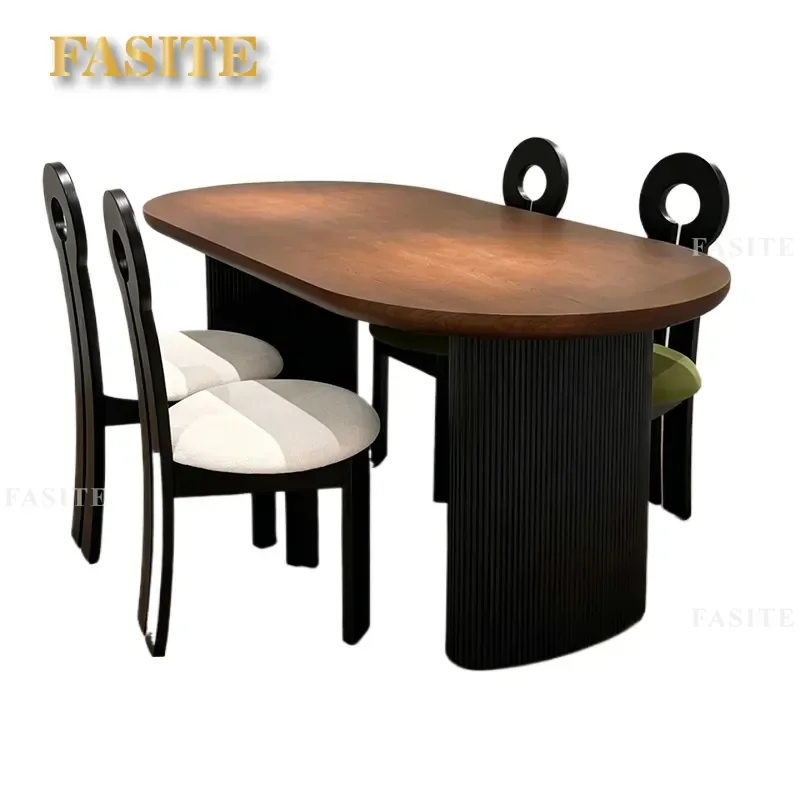 For Medieval Solid Wood Oval Dining Table Two Tone Splicing Vertical Pattern Legs Retro Style Home Restaurant Furniture
