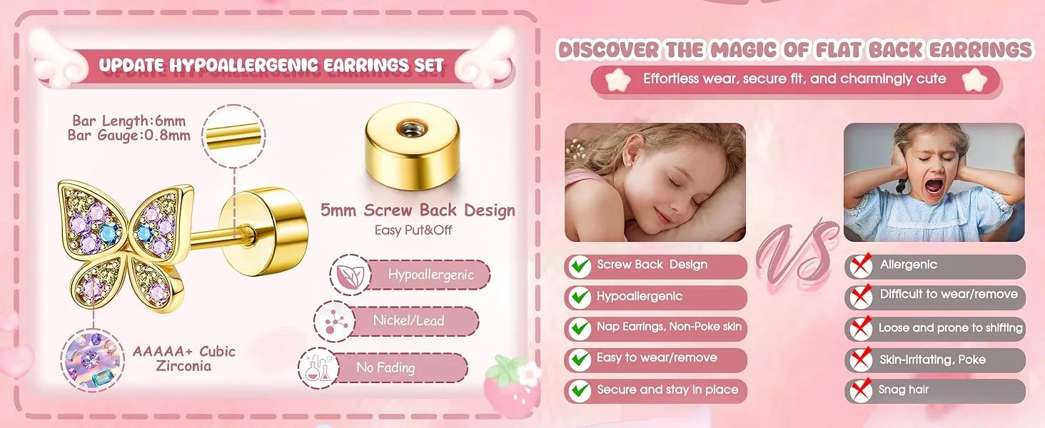 Drperfect 2 Stück hypoallergene Ohrringe für Damen, aus chirurgischem Stahl, flache Rückseite, niedliche Blumen-Ohrstecker, 14K vergoldete Ohrringe – Detail 4