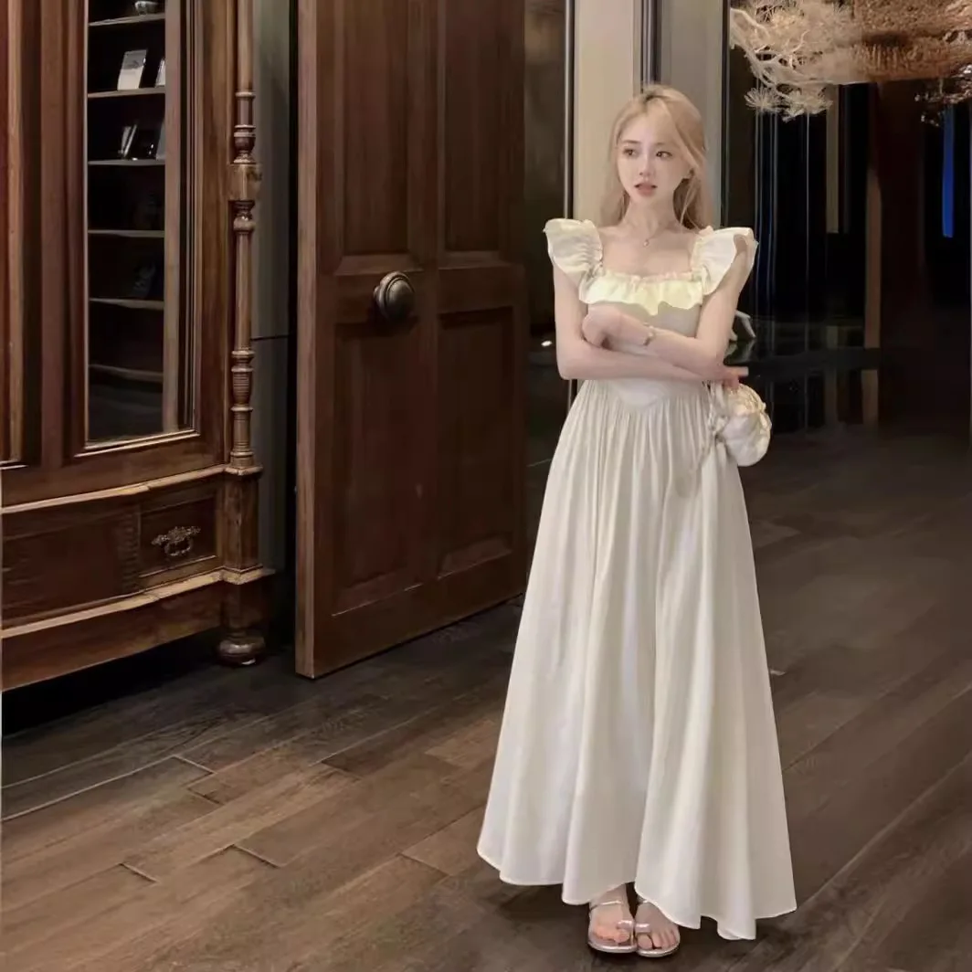 Summer 2024 New Long Dresses Ruffle Sleeveless White/pink Dress Women\'s Clothing Sweet Square Neck Vestidos Largos Traf 원피스 Y2k