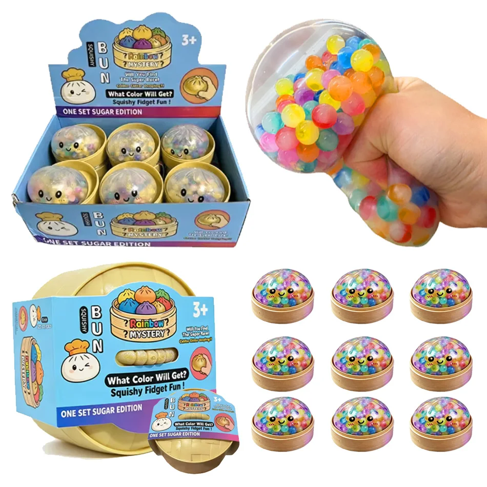 Regenbogen-Perlen-Dumpling-Squishy-Spielzeug – Glitzer-Quetsch-Fidget-Spielzeug mit Dampfgarer-Etui, weiches sensorisches Stressabbau-Spielzeug zur Entspannung