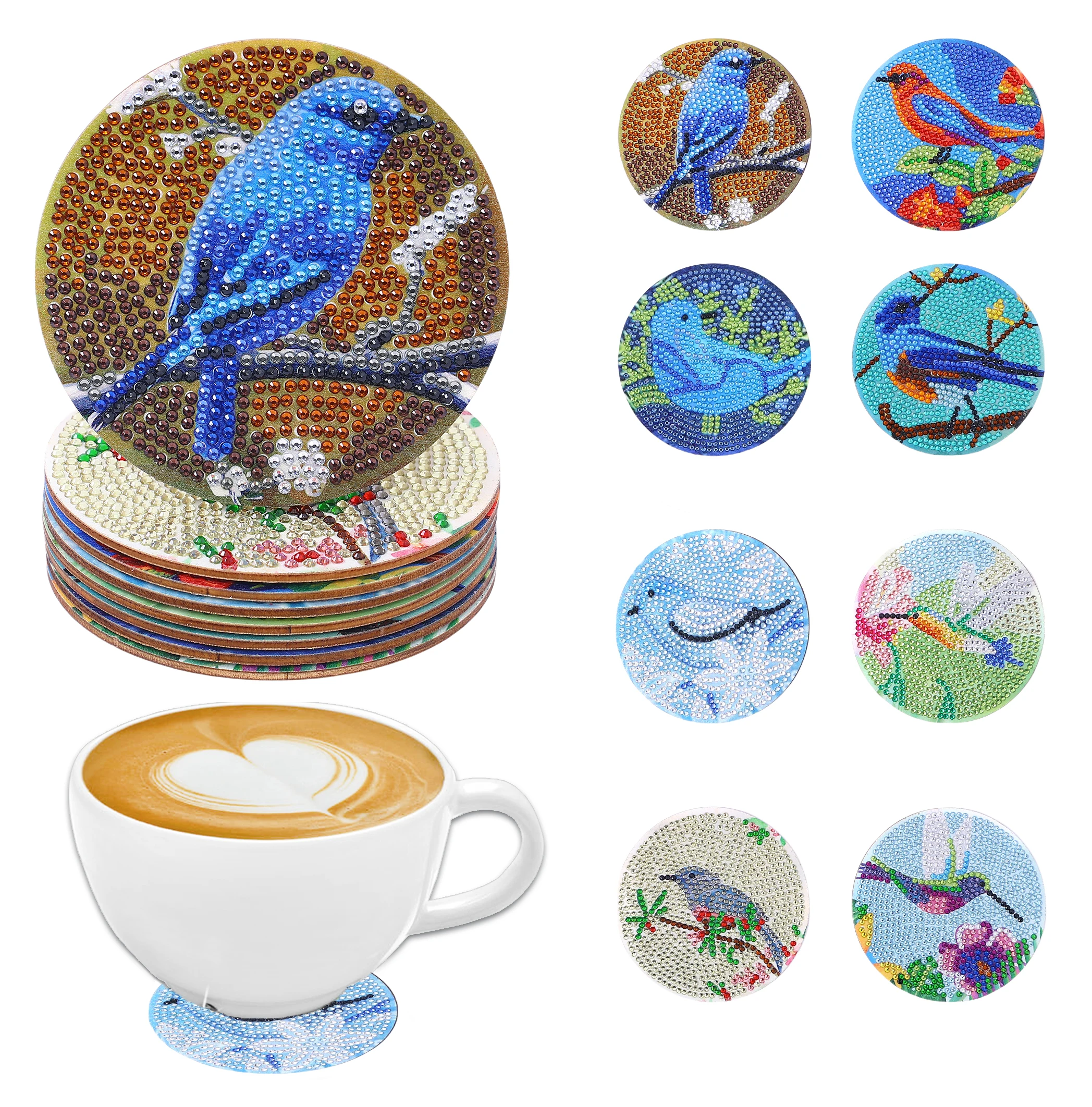 8-teiliges DIY-Diamant-Malerei-Kunstset für Männer, Vogelmuster, Untersetzer, spezielle Form, Kristall, künstlicher Diamant, Mosaikprozess