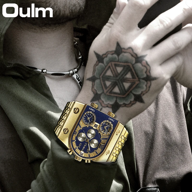 Oulm Luxury Big Size Men\'s Business Watches Three Time Zone Outdoor Sports Male Watches Casual Military Waterproof Men\'s Watches