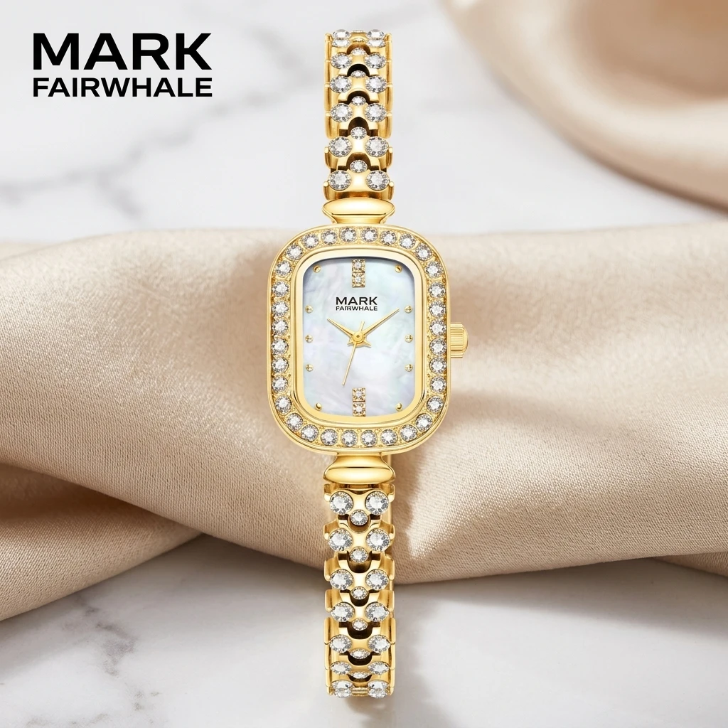 Women Oval Quartz Wristwatch MARK FAIRWHALE Shell Dial Full Rhinestone Metal Band Elegant Ladies Watch