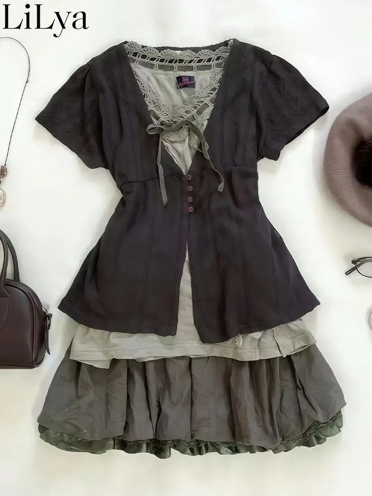 Dark Sweet Vintage Lolita 3 Piece Set Women Puff Short Sleeve Lace Trim Ribbon High Waist Ruffle Tiered Skirt Daily Kawaii Set view 3
