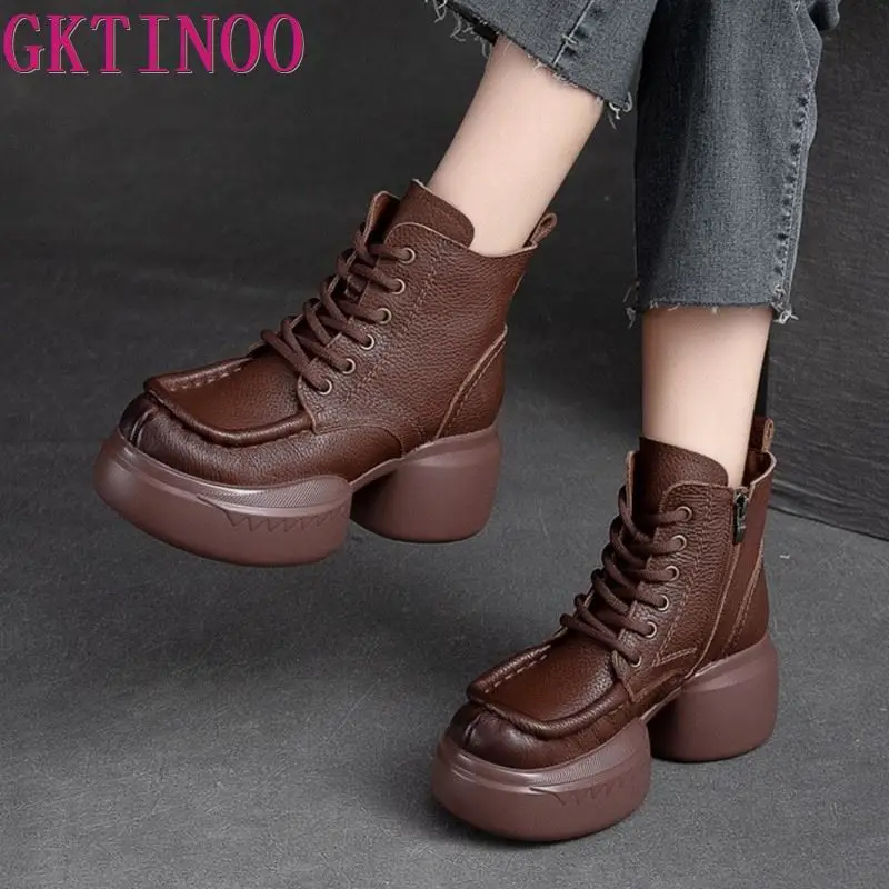 

GKTINOO Genuine Leather Women Short Boots 2023 New Autumn Winter Round Toe Handmade Retro Thick Soled Platform Shoes