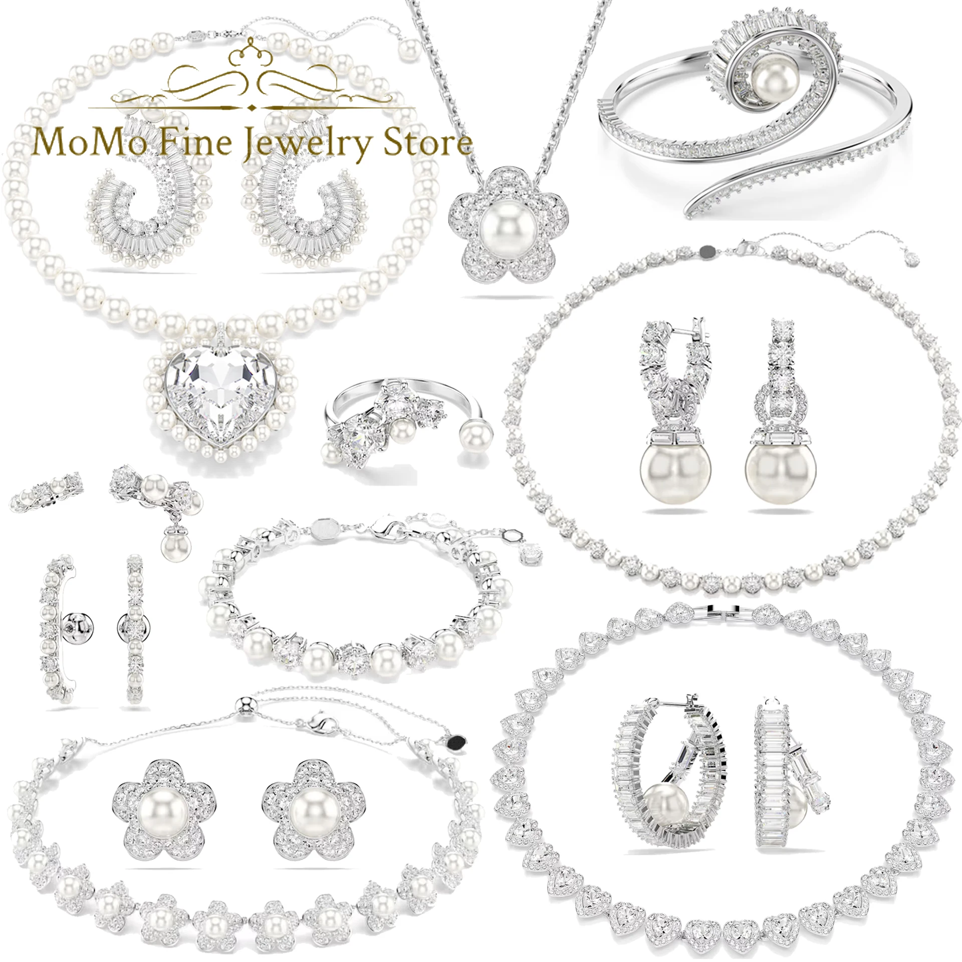 

2026 New Trend Wedding Jewelry Sets Luxury White Flower Heart shaped Crystal Luxury Pearl Necklaces Bracelets Earrings for Women