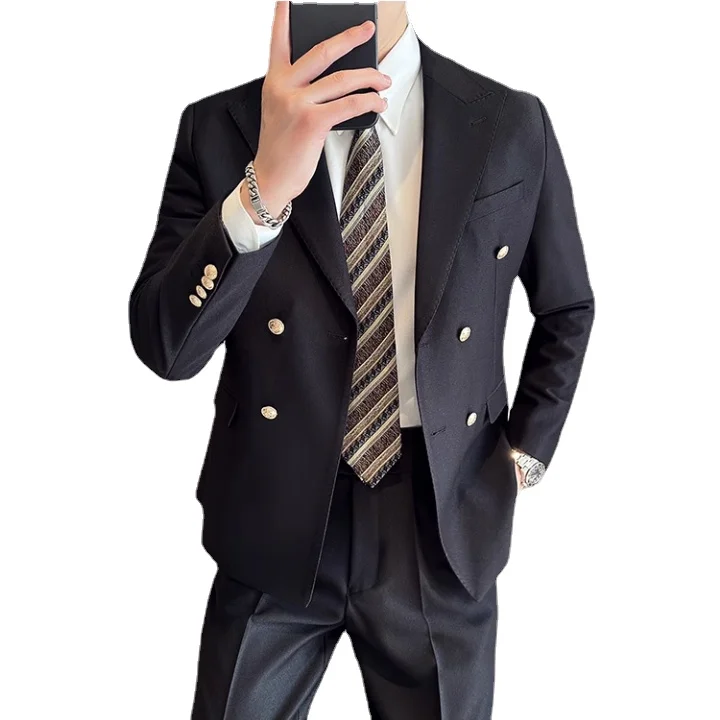 New Men Double Breasted Suit 2 Piece Fashion Simple Gentleman Business Banquet Dress Men's Slim Fit Wedding Blazer and Pant