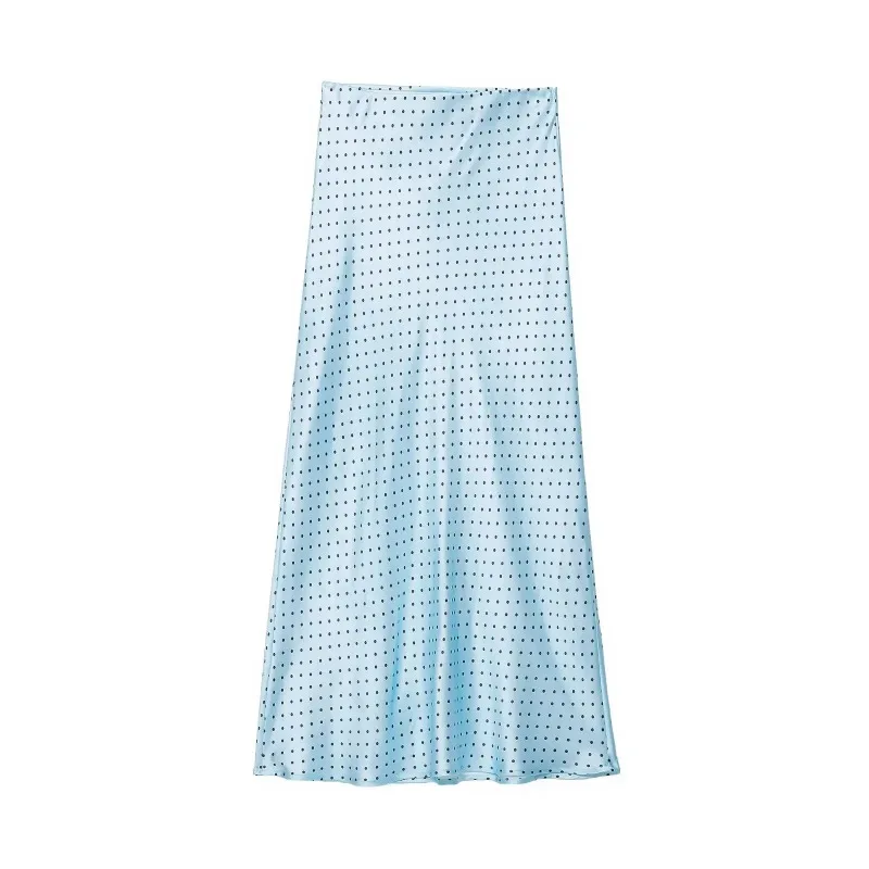 ZHIO Women Fashion Satin Blue Dot Printed Straight Midi Skirt Vintage Mid Elastic Waist Female Chic Lady Skirts