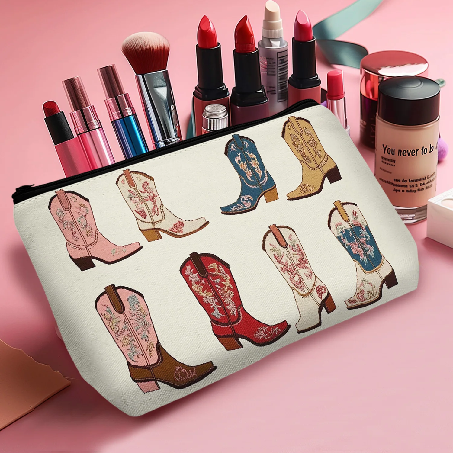 1 Pc Cute Boho Western Cowboy Boots Makeup Cosmetic Bag For Women Cowgirl Gifts Western Stuff Funny Portable 8.66x5.51Inch