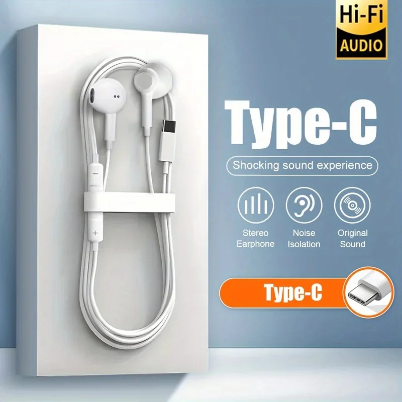 Wired Type-C Gaming Earbuds with Microphone, Noise Cancelling In-Ear Earphones, for iPhone 15 Series, Christmas Holiday Gift