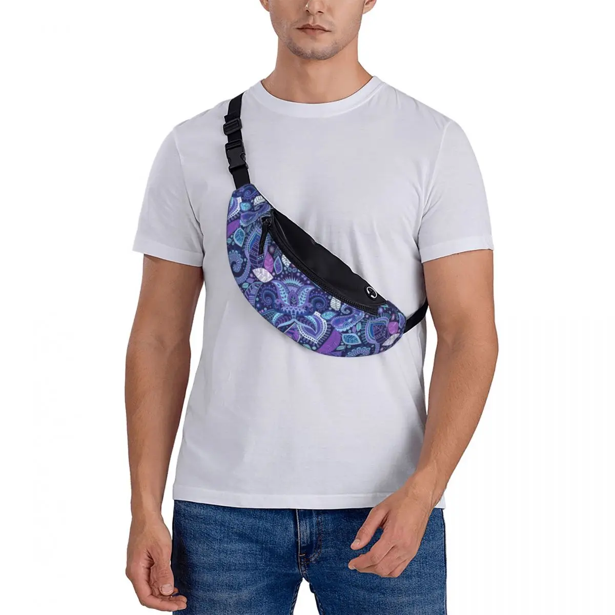 Riñonera con estampado de cachemir para hombre y mujer, bolso de cintura cruzado con flores personalizadas, arte Floral, bolsa de dinero para teléfono, viaje y senderismo, azul y morado