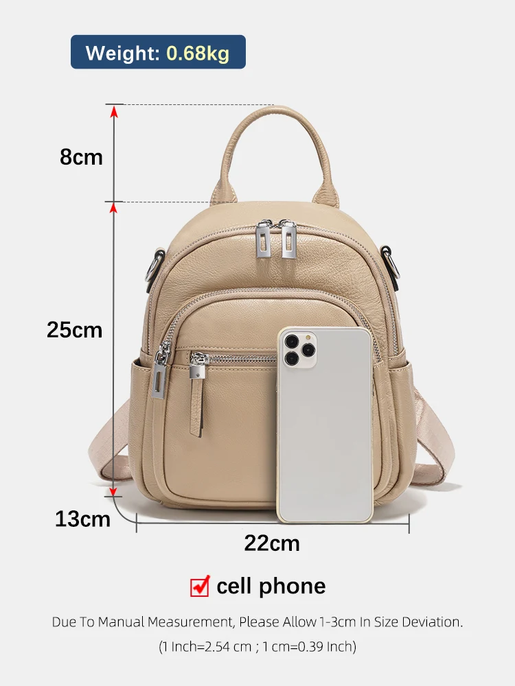 Zency Genuine Leather Small Backpack Knapsack Multi-pocket Design Wide Strap Convertible Shoulder Bag For Travel Commuter Work
